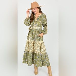 FLORAL CONTRAST BELT MAXI - GREEN - M